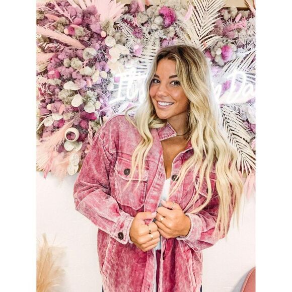 Zenana Outfitters Tops - Zenana Corn Maze Vintage Washed Corduroy Shacket in Rose Pink S-XL QJW-1107D4